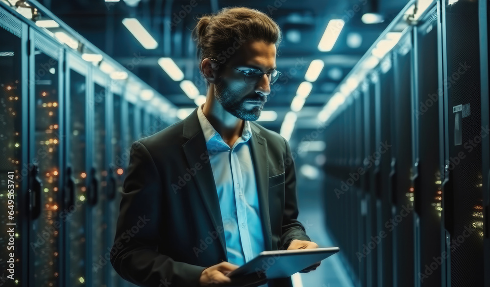 Leinwandbilder male engineer checking about problems with a computer at server room scene.