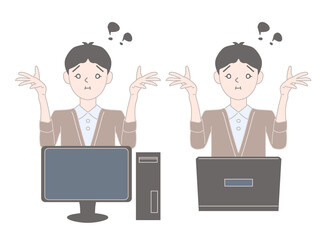 困る　ビジネスカジュアルの服装をした男性　デスクトップパソコン　ノートパソコン　エラー