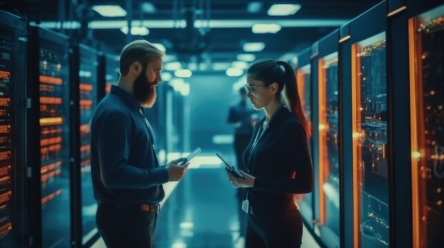 Two colleagues are working in a data center. They are using machine learning algorithms to process. - Powered by Adobe