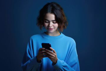 Woman wearing blue sweater is seen looking at her cell phone. This versatile image can be used to illustrate concepts such as technology, communication, social media, or modern lifestyle.