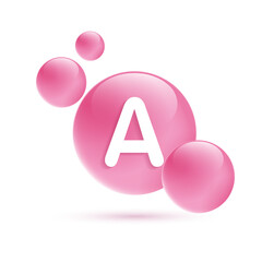 Drop water vitamin A pink and structure. vitamin solution complex with chemical formula from nature. beauty treatment nutrition skin care design. medical and scientific concepts for cosmetic. vector.