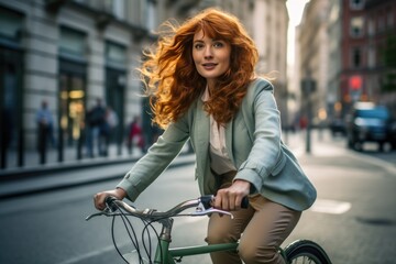 Cheerful red-haired European woman on a bicycle. Concept of healthy lifestyle, environmental protection, cycling.