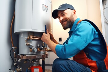 Plumber installing water heater at new home. - obrazy, fototapety, plakaty