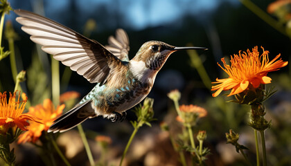 Hummingbird hovering, pollinating flower, showcasing nature vibrant beauty generated by AI