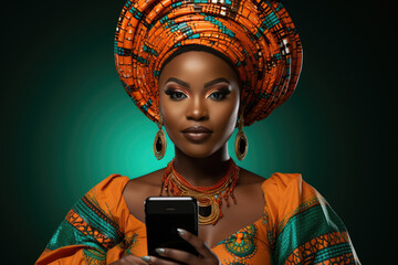 Woman is pictured holding cell phone while wearing vibrant and colorful dress. This image can be used for various purposes, such as fashion, technology, communication, or lifestyle. - obrazy, fototapety, plakaty