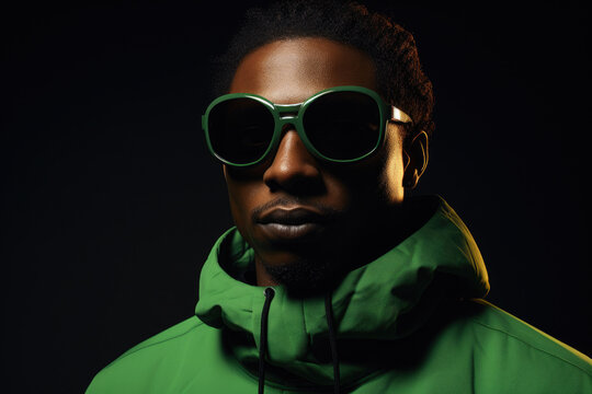Man wearing sunglasses and green jacket. Versatile image suitable for various concepts and contexts.