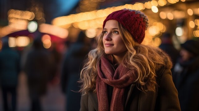 A girl walks through the Christmas market, decorated with festive lights in the evening. Winter holidays 