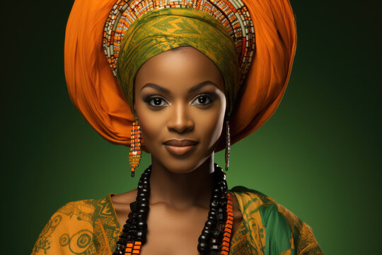 Woman wearing vibrant orange turban on her head. This picture can be used to showcase cultural diversity and traditional headwear.