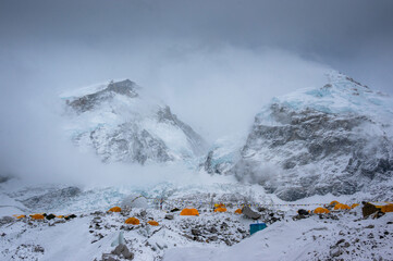 Cloudy view of Everest base camp after snow in Nepal 
