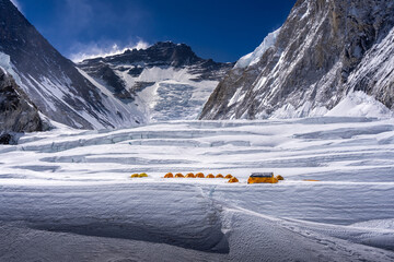 Tents of Everest camp 1 on Khumbu icefall, Nepal 