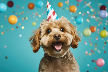 Dog wearing party hat with colorful balloons in background. Perfect for birthday celebrations and festive occasions.