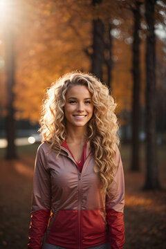 Happy athletic girl with long curly blonde hair doing fitness outdoors during late autumn late sunset with sun flares in the background. Image created using artificial intelligence.
