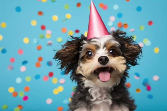 Cute small dog wearing party hat is captured on vibrant blue background. This delightful image can be used to add touch of celebration and joy to various projects.