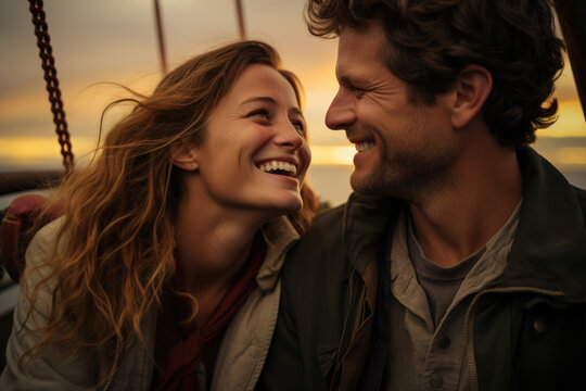 Picture of man and woman smiling at each other. This image can be used to represent happiness, positivity, and relationships in various contexts.