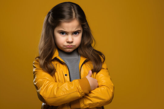 Cute little girl wearing yellow jacket stands with her arms crossed. This image can be used to depict confidence, determination, or independence.