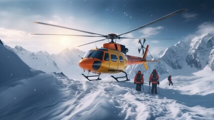 Rescue helicopter rescues climbers on snow trapped. - obrazy, fototapety, plakaty