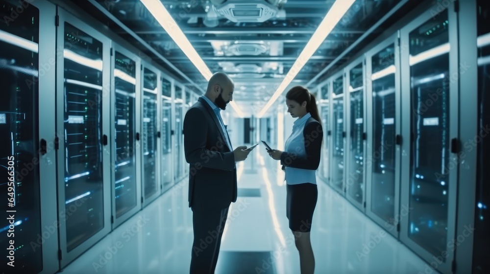 Poster male and female it engineers checking servers in server room with help of tablet.