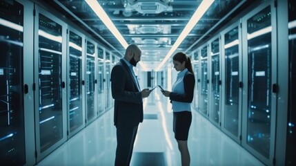 Male and female IT engineers checking servers in server room with help of tablet.