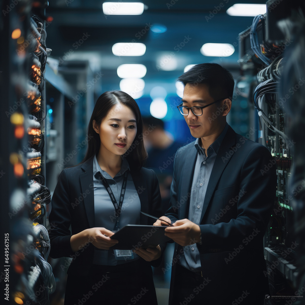 Leinwandbilder it team of two people working in the data center, surrounded by servers.
