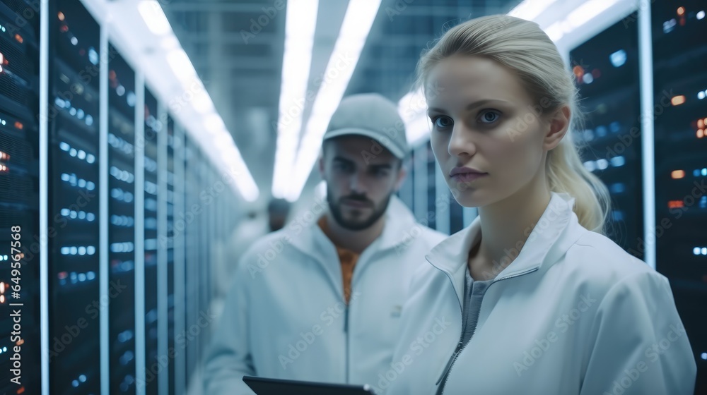 Poster Two IT service provider wearing light colored overalls, Work and communicate in the data center room.