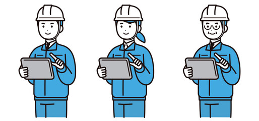 ヘルメットと作業着を着てタブレットを操作する男性と女性