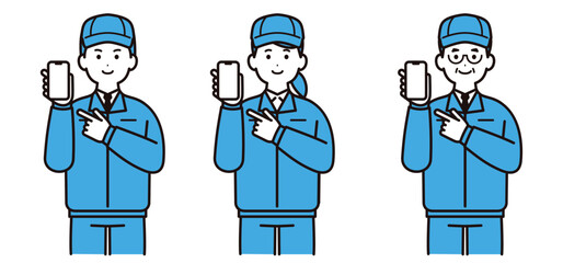 帽子と作業着を着てスマホを持つ男性と女性