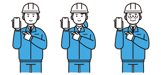 ヘルメットと作業着を着てスマホを持つ男性と女性