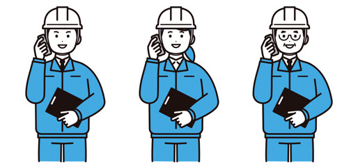 ヘルメットと作業着を着てスマホで通話をする男性と女性