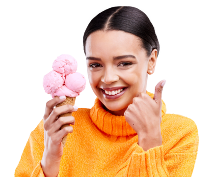 Isolated woman, ice cream and thumbs up in portrait for review, thanks and choice by transparent png background. Student, girl and happy for gelato with sign language, icon and feedback for dessert