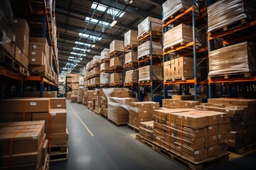 Vast and organized warehouse filled with neatly stacked pallets of goods, Generative AI