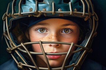 Photo of a young girl with a football helmet painted on canvas