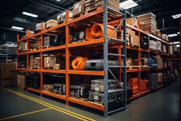 Fototapeta premium Warehouse storing automotive parts, with shelves filled with various components, Generative AI