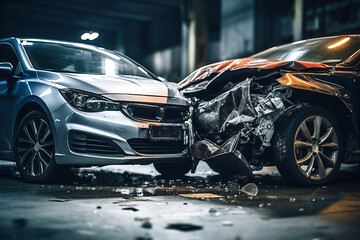 Car accident of two cars, collision of cars. Two cars are damaged after a head-on collision, a car...
