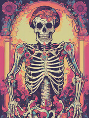 Psychedelic Skull death and Flowers - Colorful Surrealism Illustration with a Vintage Retro Trippy Vibe