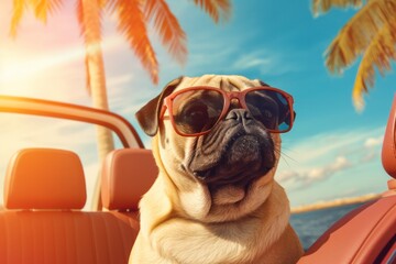 This whimsical image of a brown pug wearing sunglasses and enjoying the great outdoors in a colorful car is sure to bring a smile to any animal-lover's face - obrazy, fototapety, plakaty