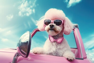 A playful, anthropomorphic dog wearing bright pink sunglasses and a matching pink poodle on its back basks in the sunshine, joyfully soaking up the vibrant colors of the world around it