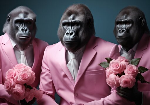 A joyous scene of anthropomorphic gorillas dressed in bright pink suits, each holding a rose, adorns a wall at a vibrant and fun wedding indoors