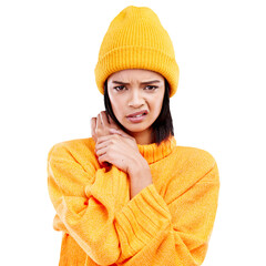 Frustrated, woman and portrait with winter fashion and doubt with beanie and attitude. Style,...