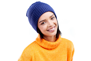 Portrait, happy and woman in winter fashion with beanie, jersey and isolated on a transparent, png background. Style, student and cap with a smile of a female person in warm clothes for cold weather