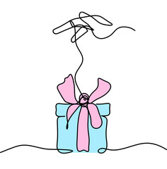 Abstract color present box and hand as continuous line drawing on white