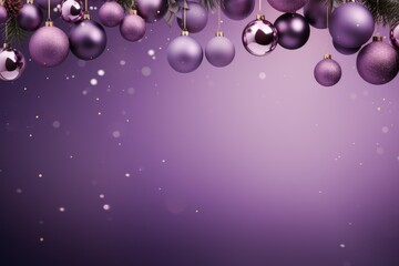 Christmas decorations with purple christmas balls and place for text.