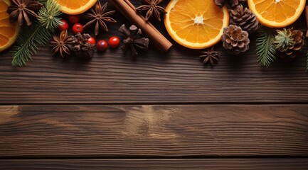 Festive Christmas decorations of cinnamon, pine cones and oranges on a wooden table