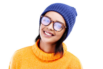 Portrait, smile and woman in winter fashion with beanie, jersey and isolated on a transparent, png background. Style, student glasses with a happy female person in warm clothes for cold weather