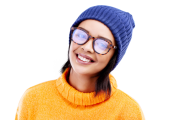 Portrait, smile and woman in winter fashion with beanie, jersey and isolated on a transparent, png background. Style, student glasses with a happy female person in warm clothes for cold weather