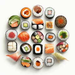 Sushi rolls collection with fresh raw on white background. Created with Generative AI technology.