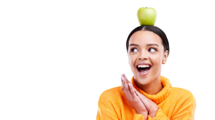 Wow, apple on head and a woman with wellness, fruit and healthy vitamins with a smile. Surprise, balance and mockup space with a person happy from nutrition isolated on a transparent, png background