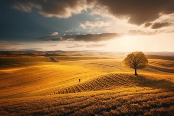 Beautiful landscape countryside with green meadow on the hill Created with Generative AI technology.