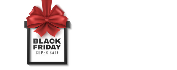 Label with realistic luxurious red ribbon for Black Friday sale. Promotional tag for your business project. Super big sale cover. Vector illustration.