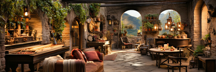 immersive leisure meets old-world charm: the fusion of rustic elements in an italian game room setting. Ai Generated