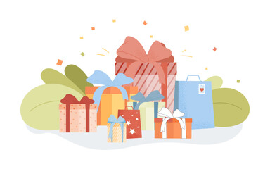 Colorful present boxes of different size vector illustration. Wrapped gifts, packages and shopping bags prepared for family and friends. Christmas celebration, holiday concept